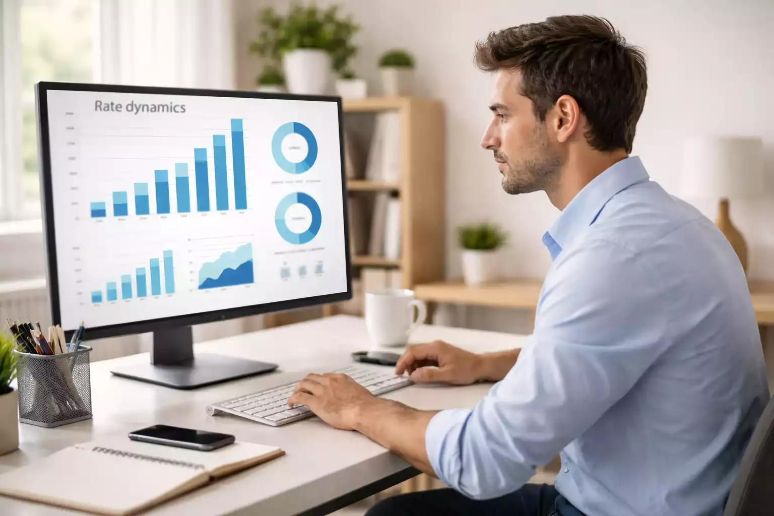 Analista al lavoro con grafici e percentuali su schermo