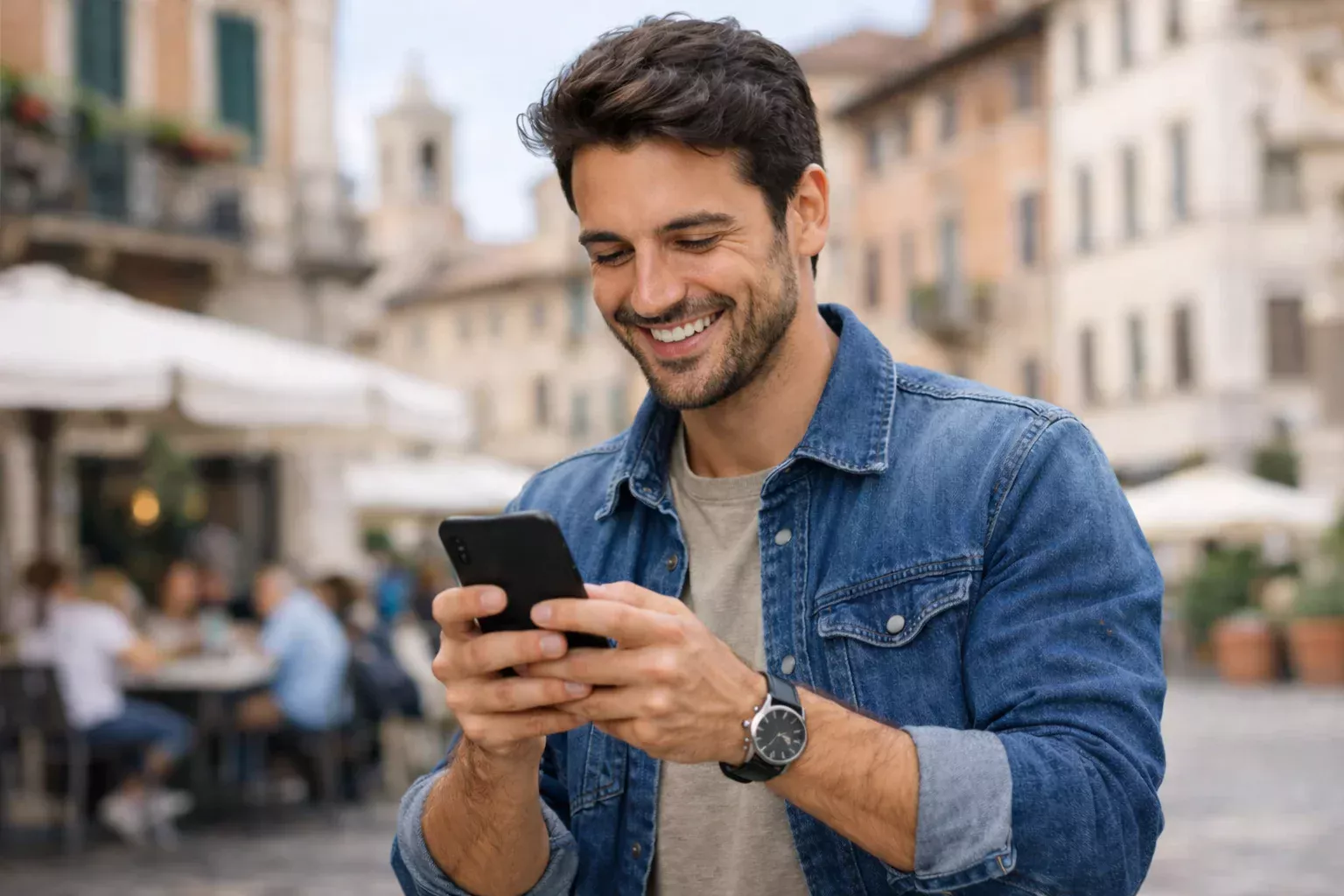 Giovane sorridente che usa app di scommesse sul telefono