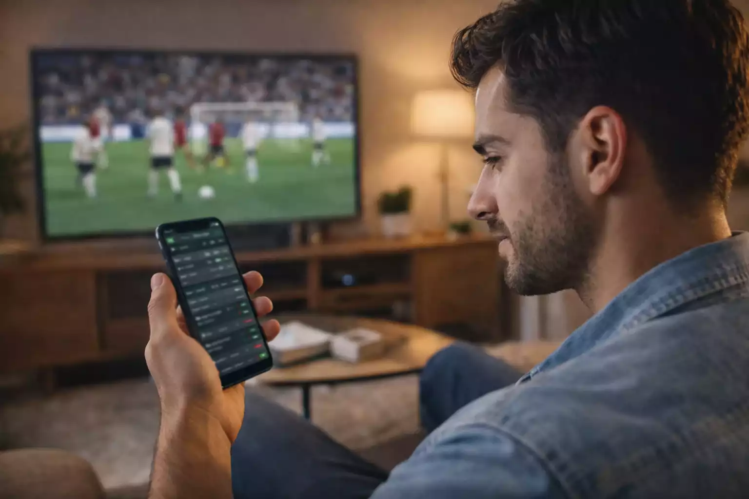 Giovane che utilizza app di scommesse durante una partita