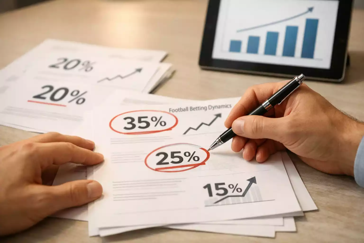 Mani che sfogliano documenti con simboli percentuali e grafici di crescita