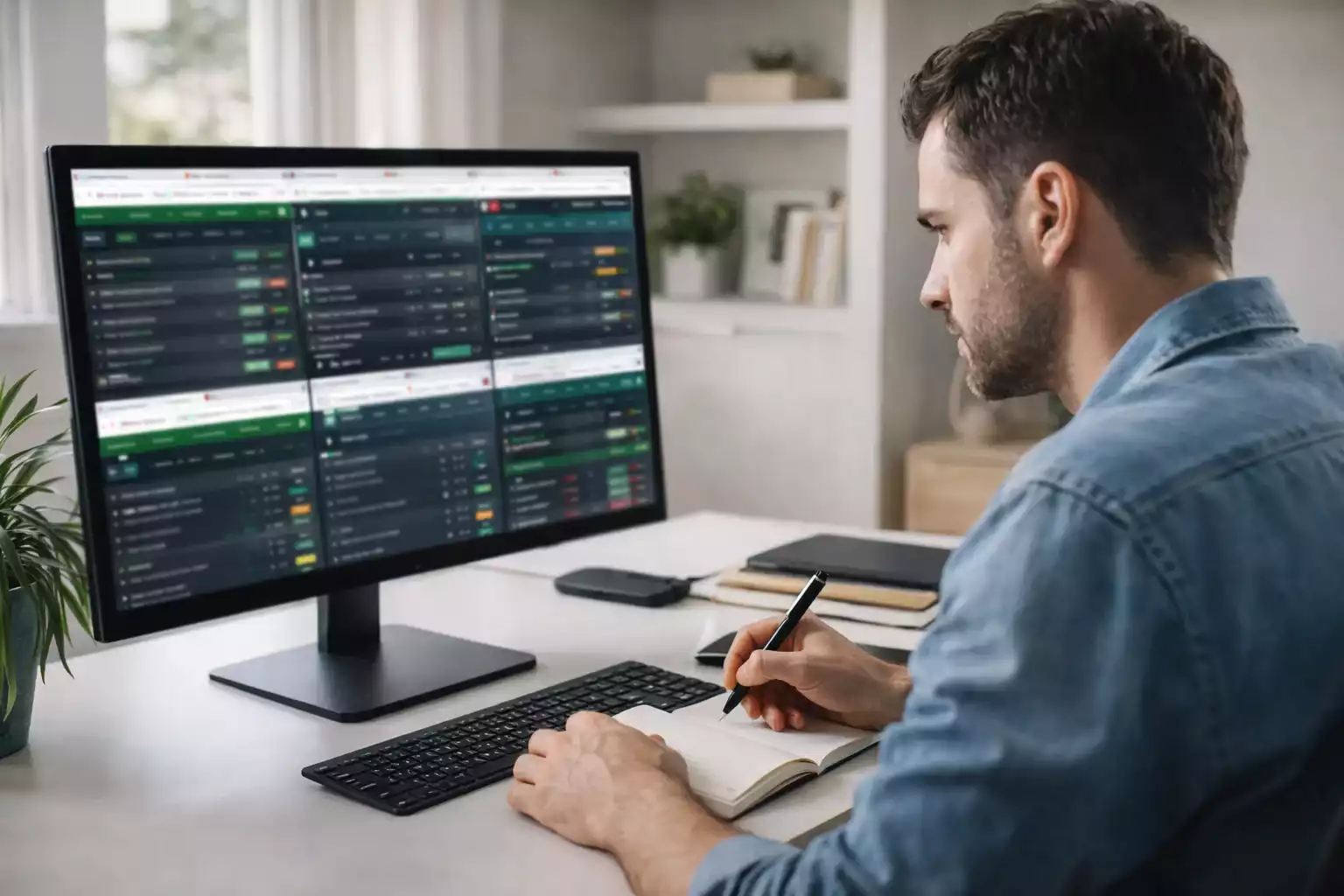 Uomo che confronta piattaforme di scommesse su monitor
