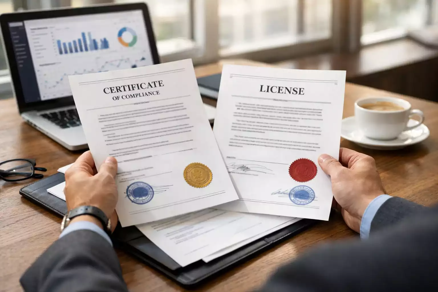 Professionista che analizza documenti e certificazioni su una scrivania moderna