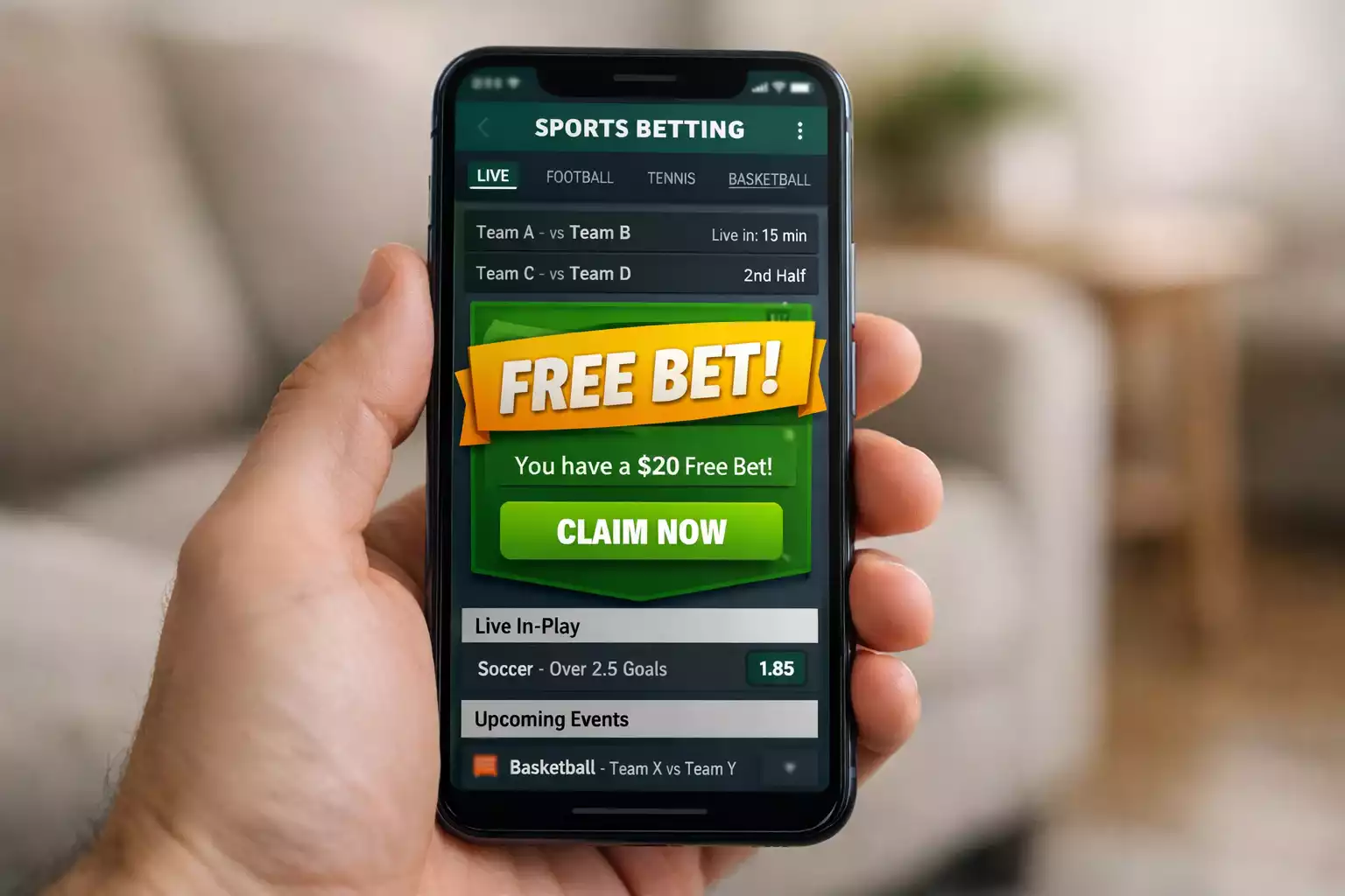 Mano che tiene uno smartphone con schermata di scommessa gratuita