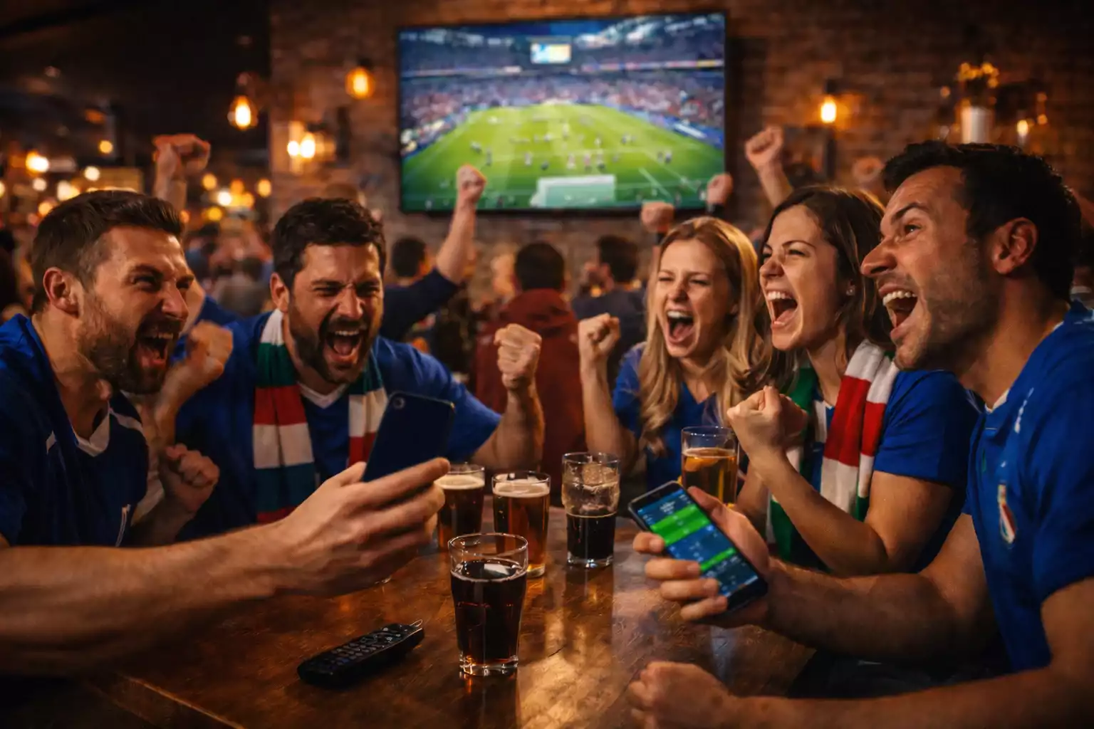 Gruppo di amici guarda partita insieme al bar
