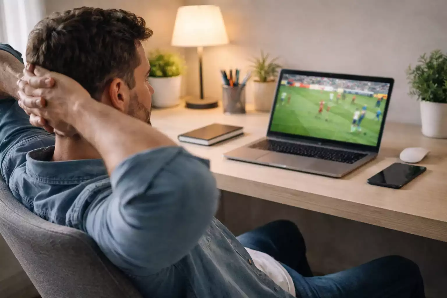 Uomo che guarda streaming calcio su laptop in casa