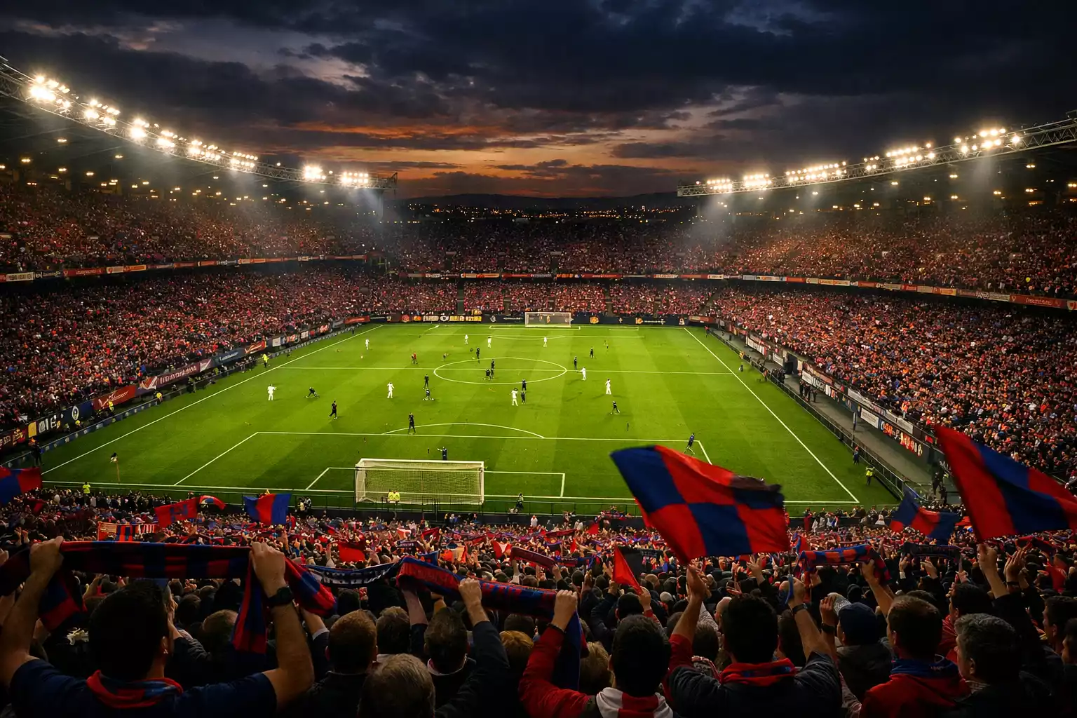 Stadio di calcio italiano illuminato durante una partita serale di Serie A