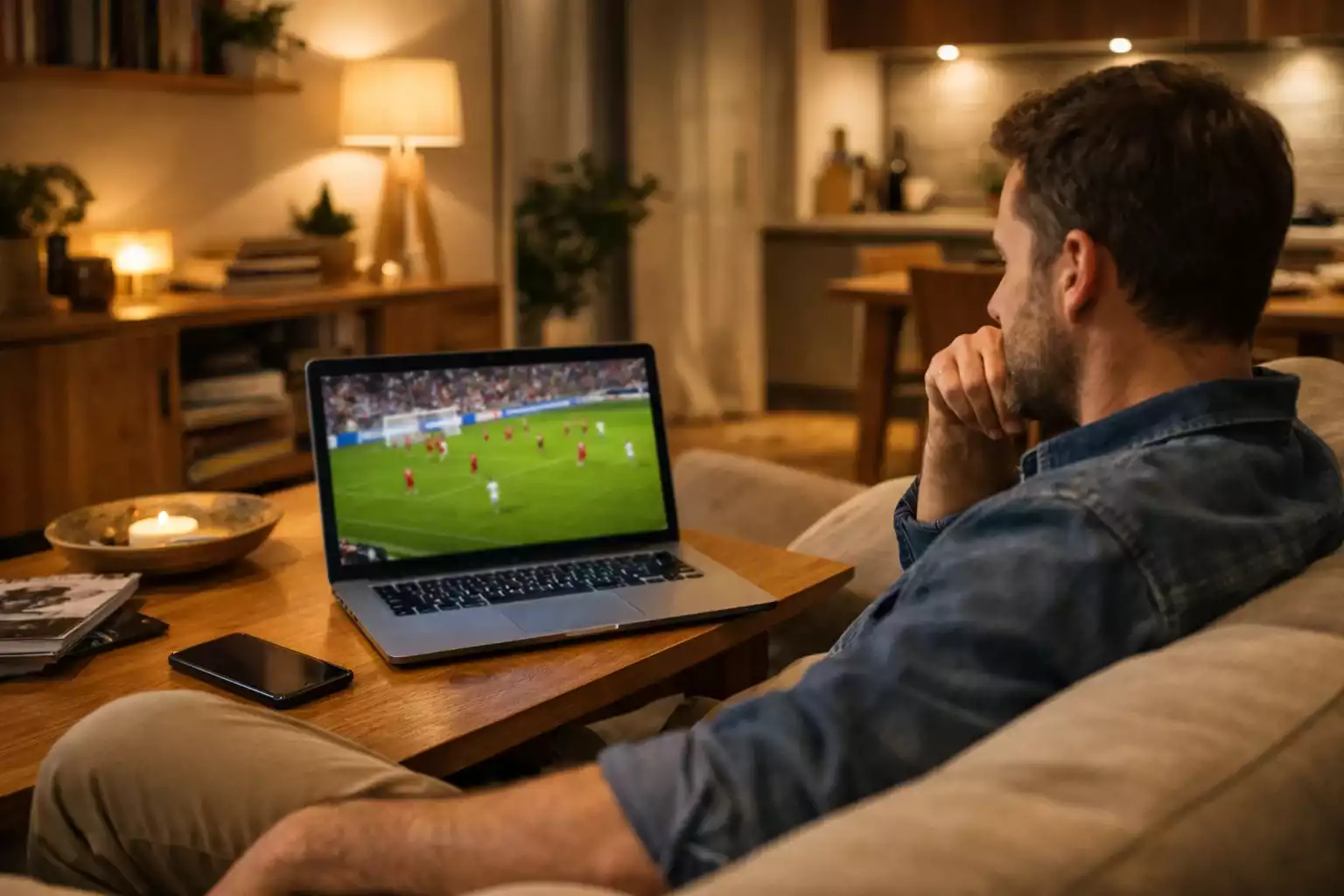 Persona che guarda una partita di calcio in diretta su laptop con smartphone accanto