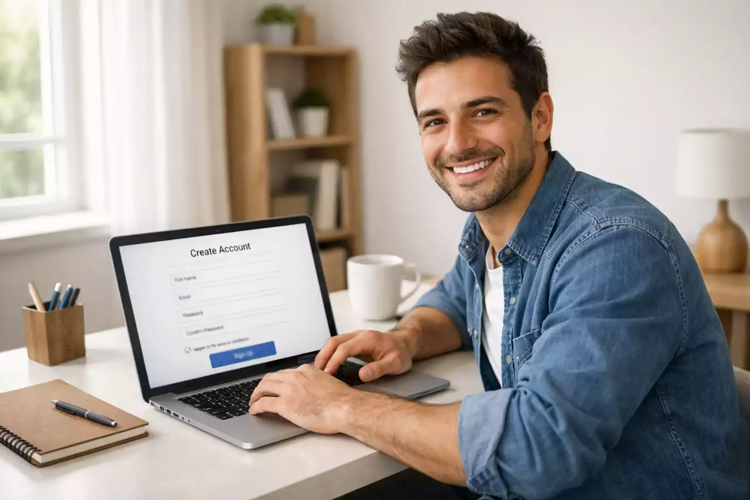 Uomo sorridente che registra un nuovo account sul laptop