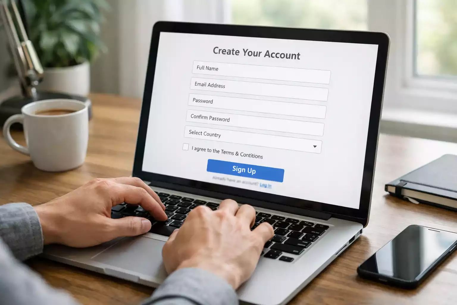 Persona che si registra su sito web dal laptop