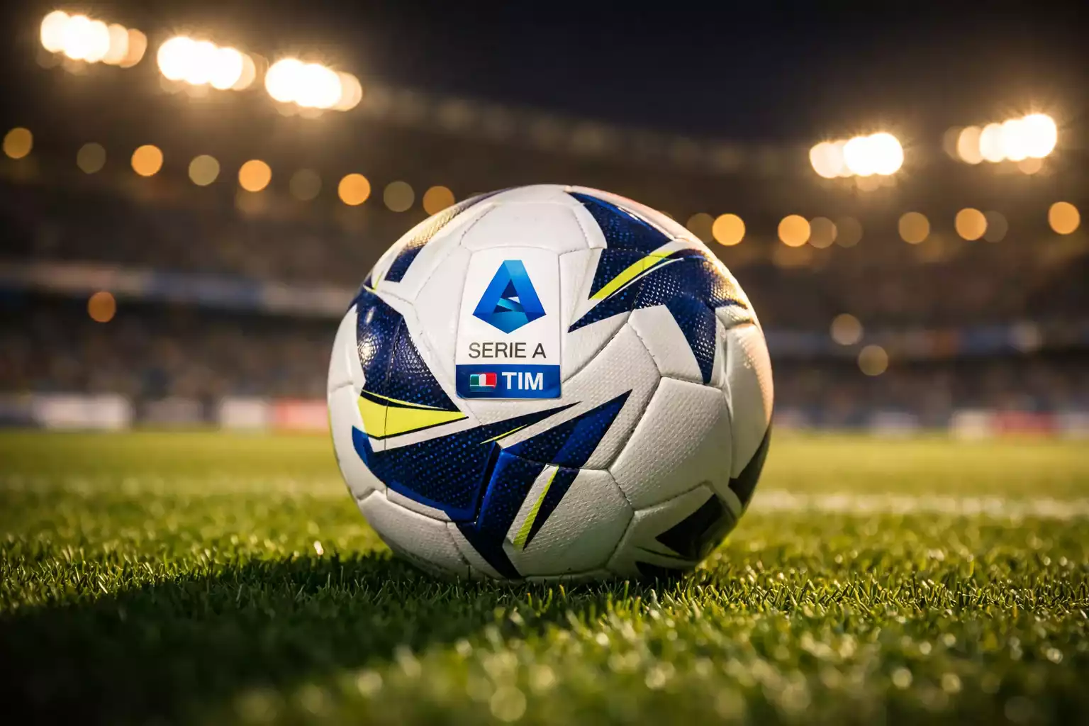 Pallone da calcio su campo verde di stadio illuminato