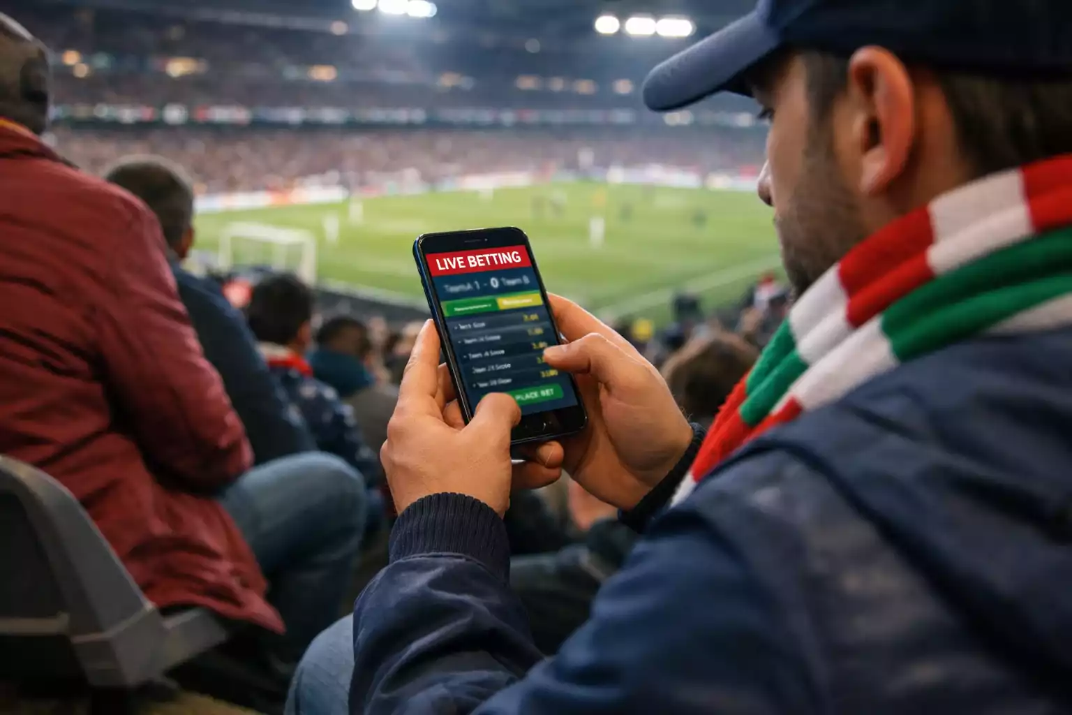 Tifoso allo stadio che scommette live dallo smartphone