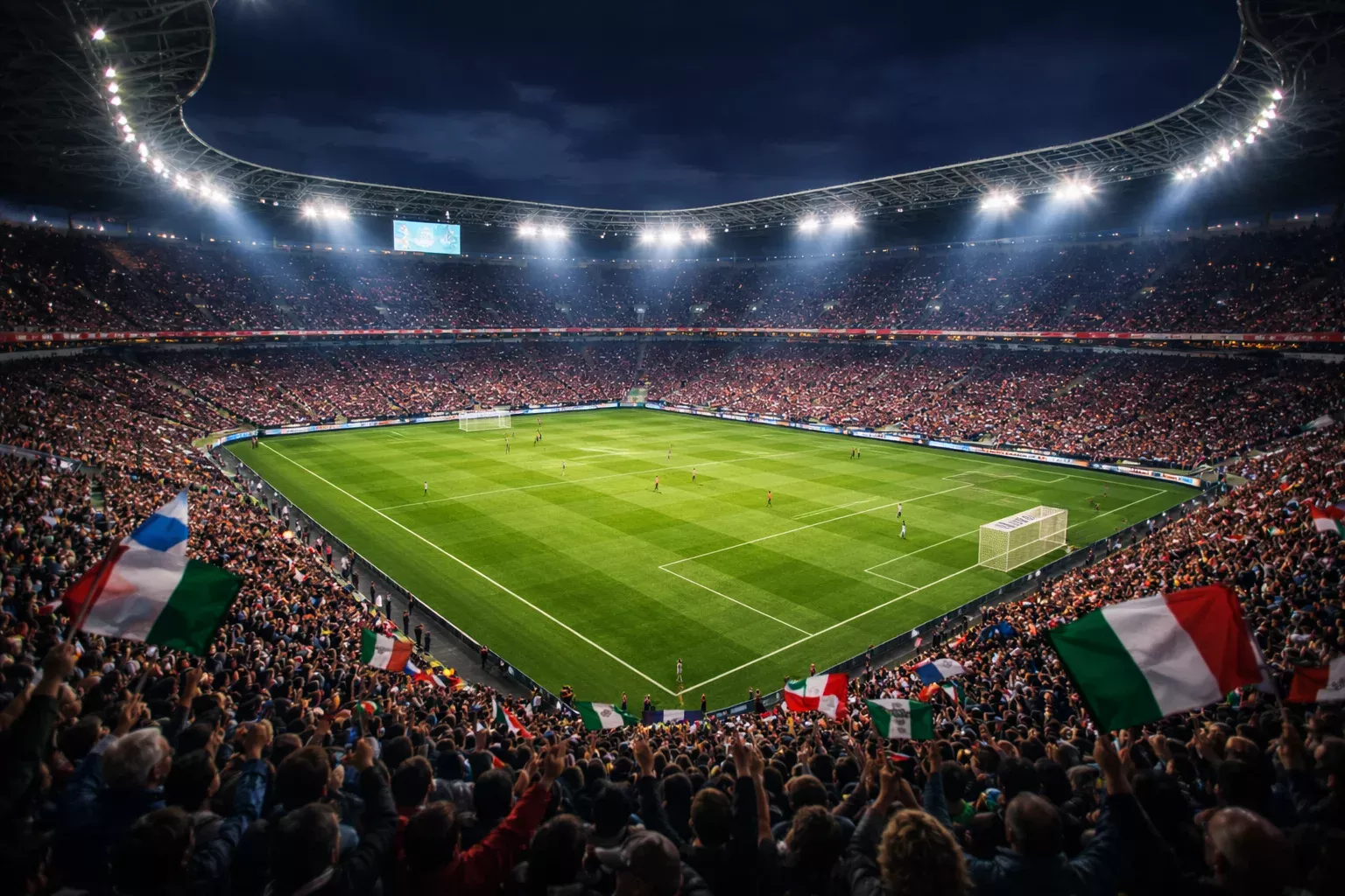 Stadio italiano pieno di tifosi durante una partita serale di Serie A