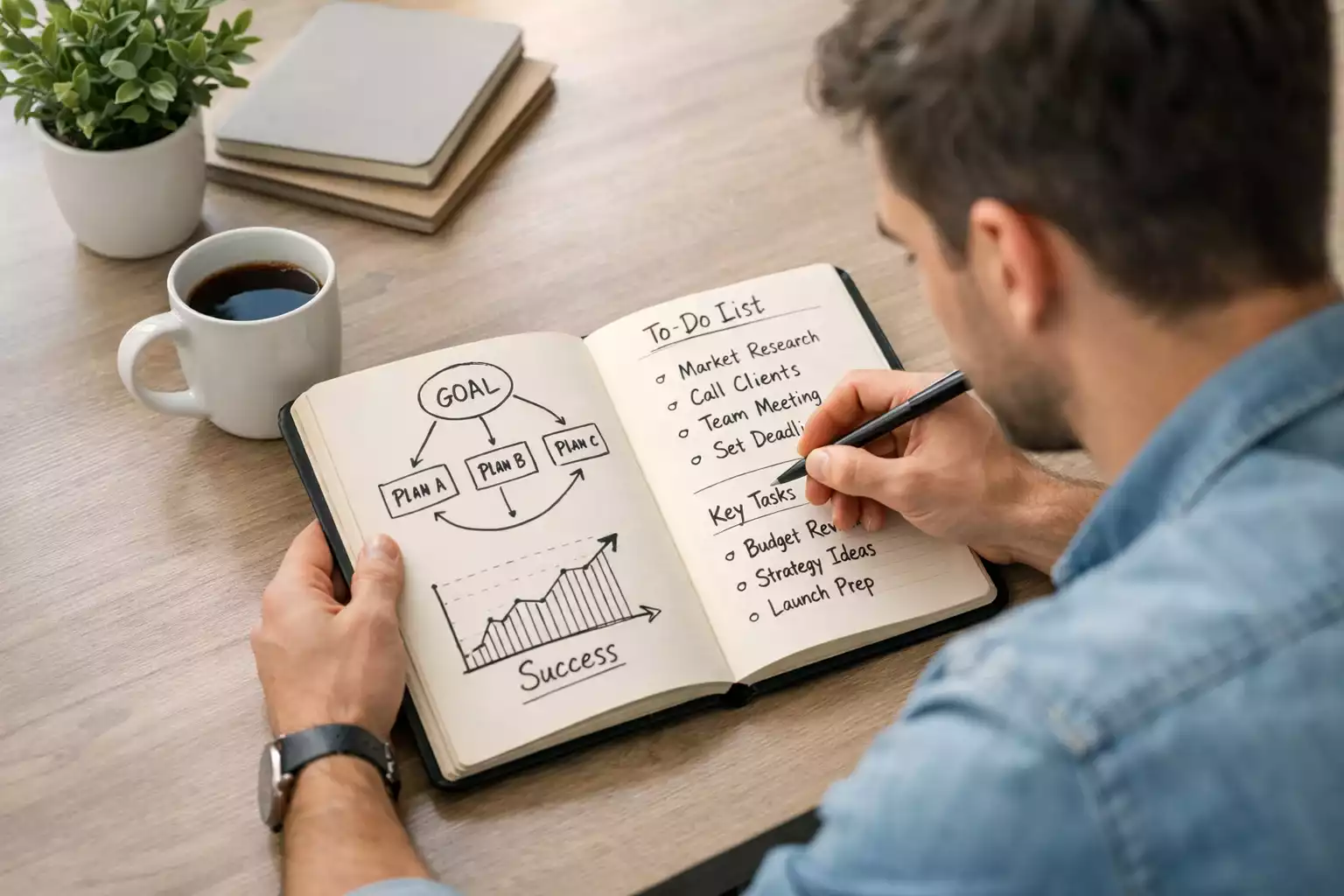 Giovane che pianifica strategie su un blocco note