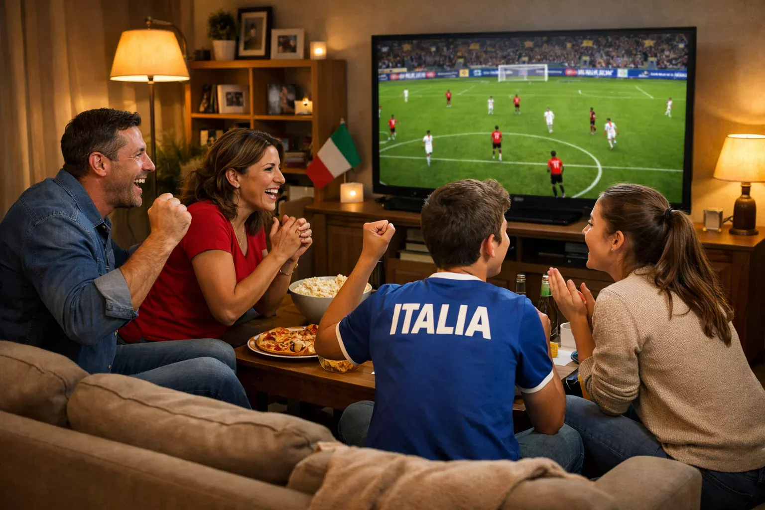 Famiglia riunita che guarda partita di calcio in TV nel salotto