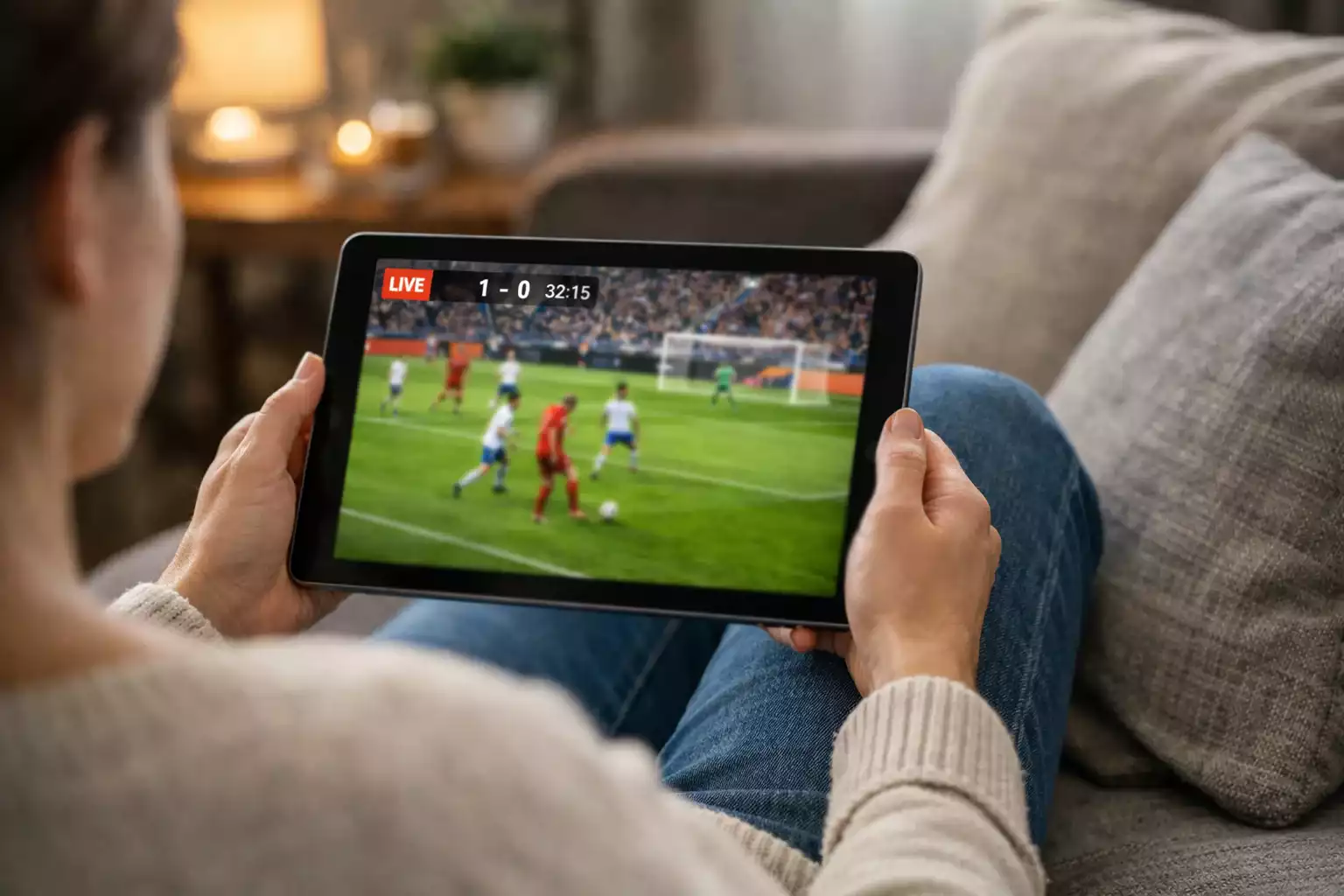 Persona che guarda streaming di calcio su tablet