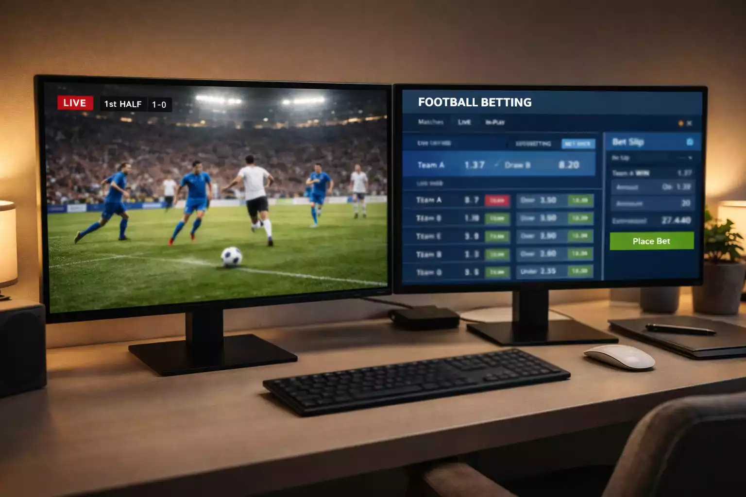 Due schermi affiancati con streaming e quote live