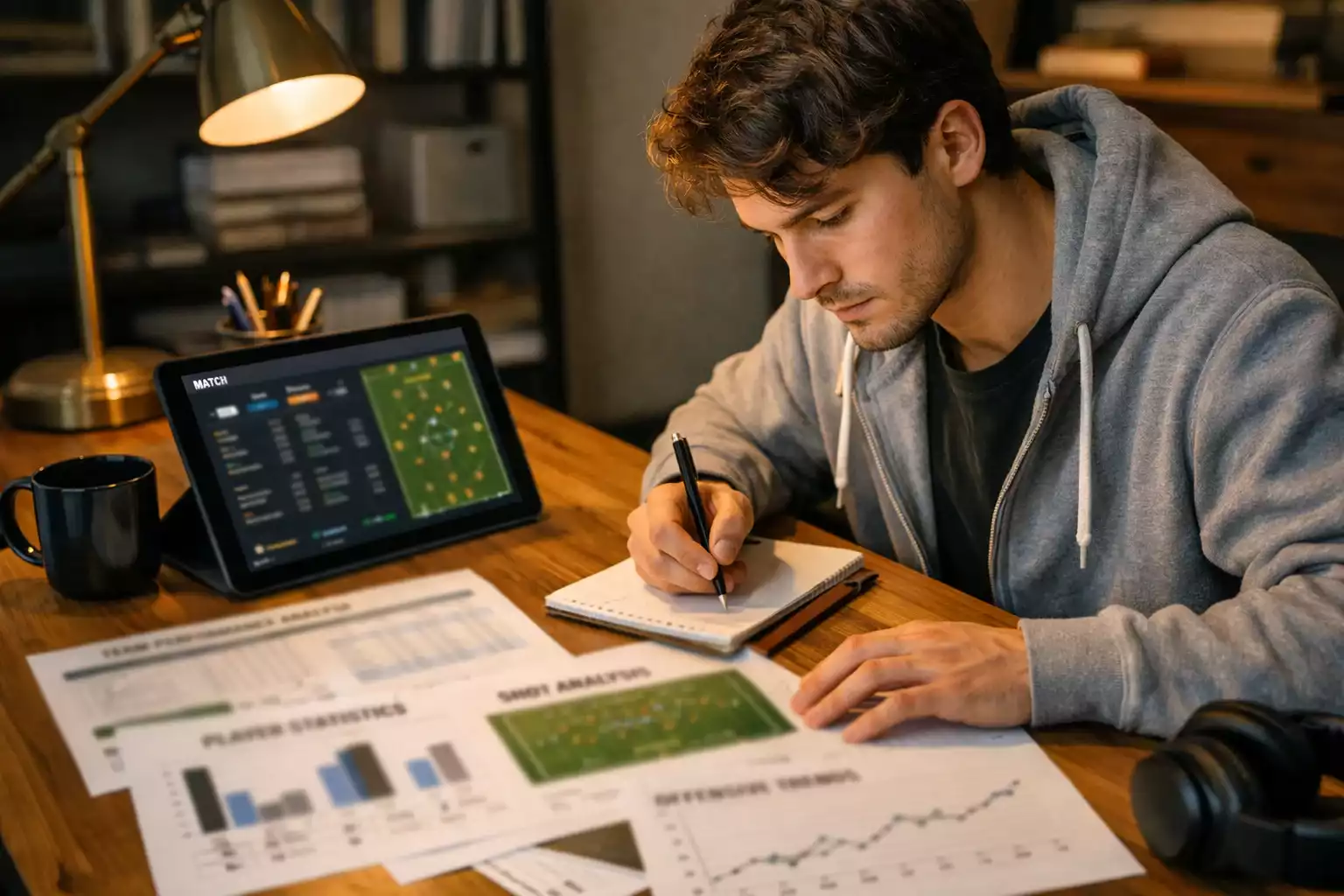 Persona concentrata che studia statistiche calcistiche