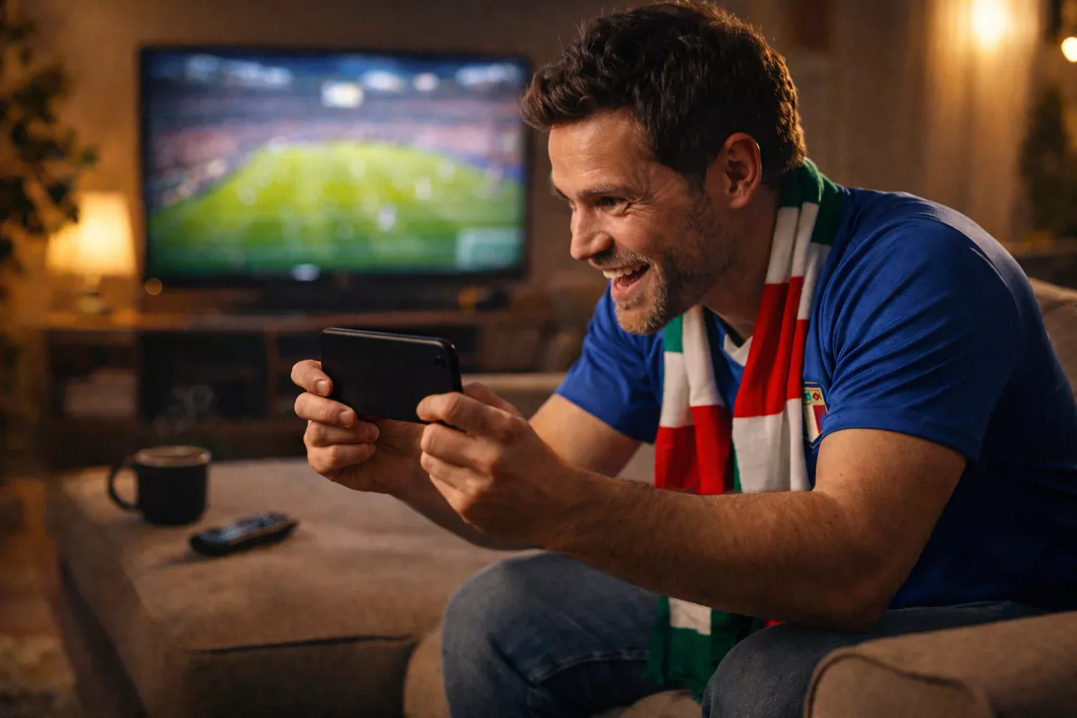 Tifoso guarda partita di calcio in diretta sullo smartphone