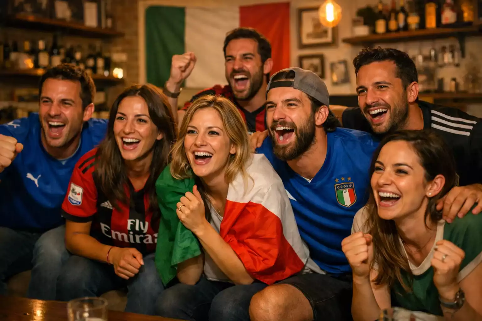 Tifosi italiani che esultano insieme guardando una partita di calcio